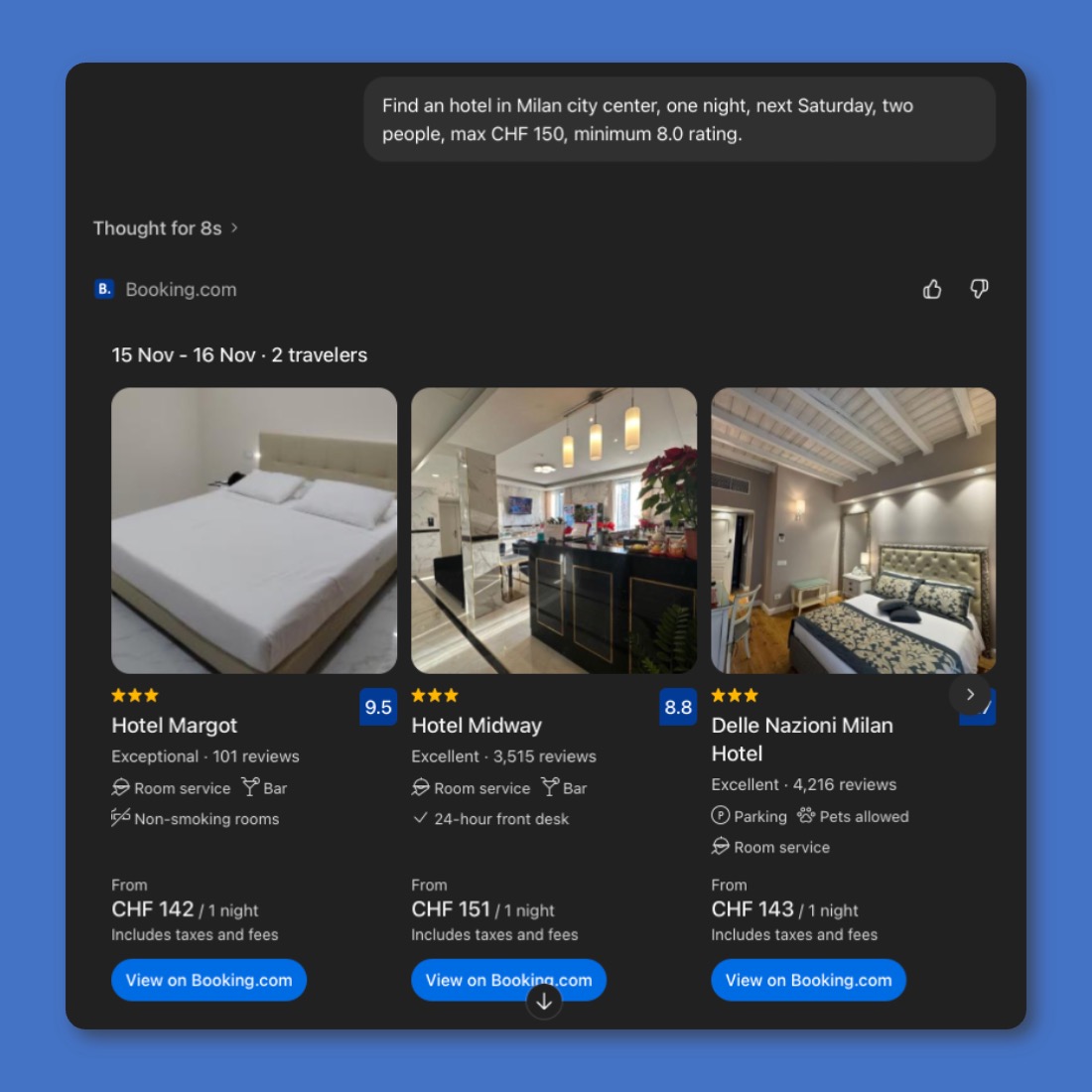 ChatGPT interface showing hotel search results in Milan with ratings and prices.