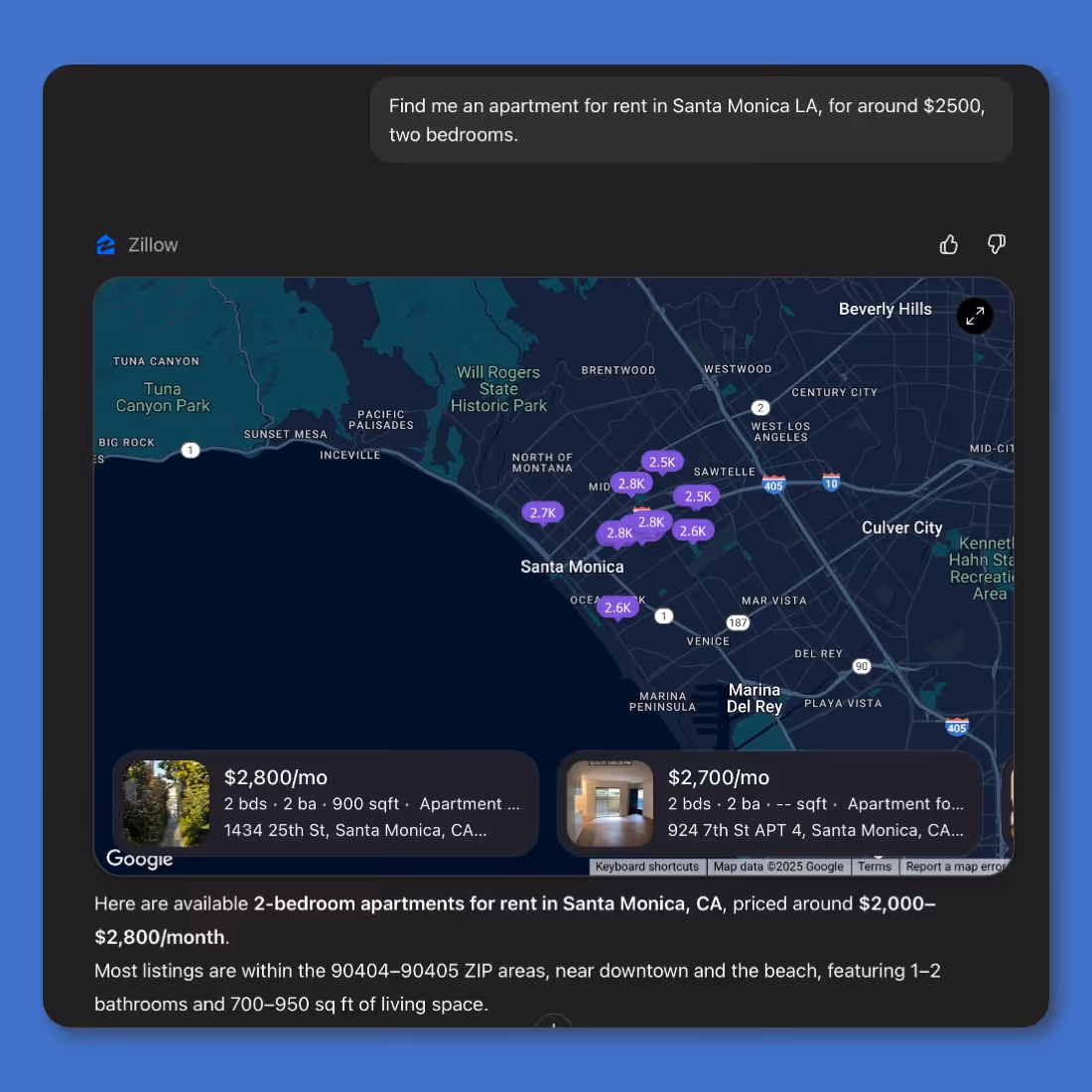 Map showing apartment rental prices in Santa Monica with search results.