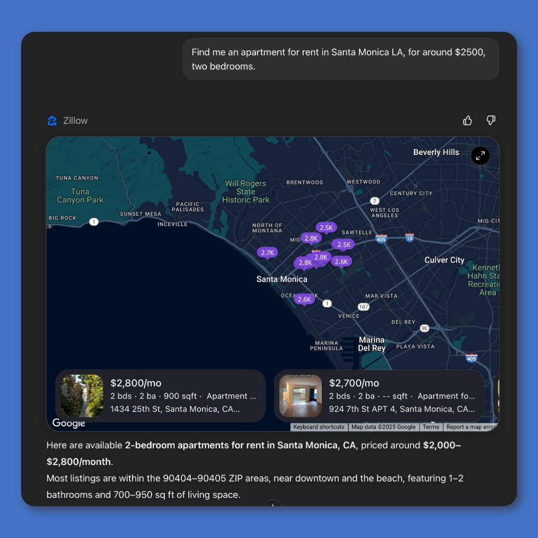 Map showing apartment rental prices in Santa Monica with search results.