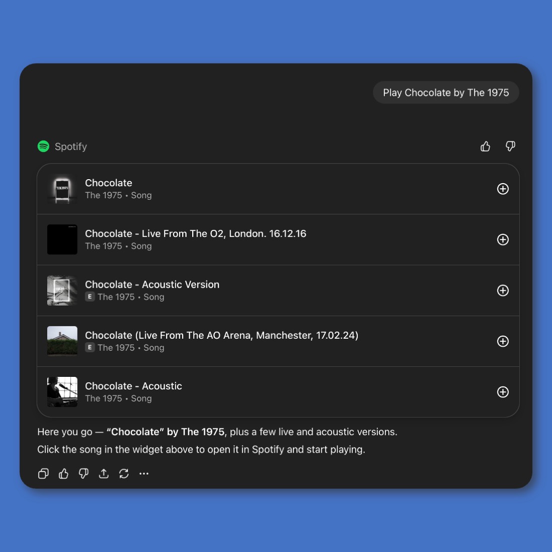 Spotify song list for "Chocolate" by The 1975 in a chatbot interface.