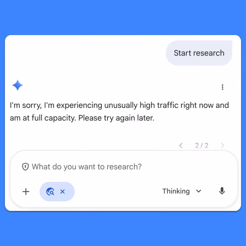 Error message stating high traffic and full capacity on Gemini app.