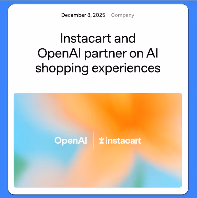 Instacart and OpenAI partnership announcement with blurred orange and blue background.