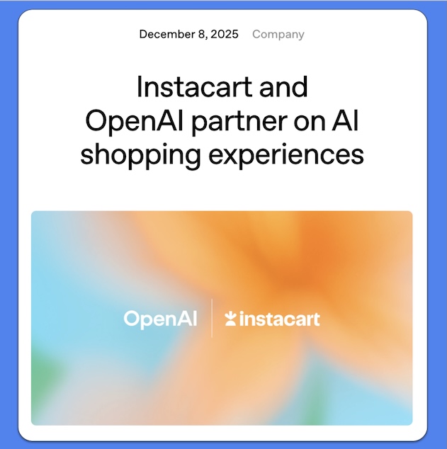 Instacart and OpenAI partnership announcement with blurred orange and blue background.