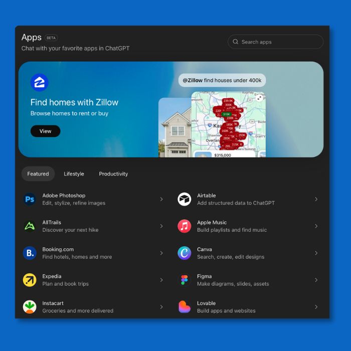 ChatGPT Apps interface showcasing Zillow and various app integration options.