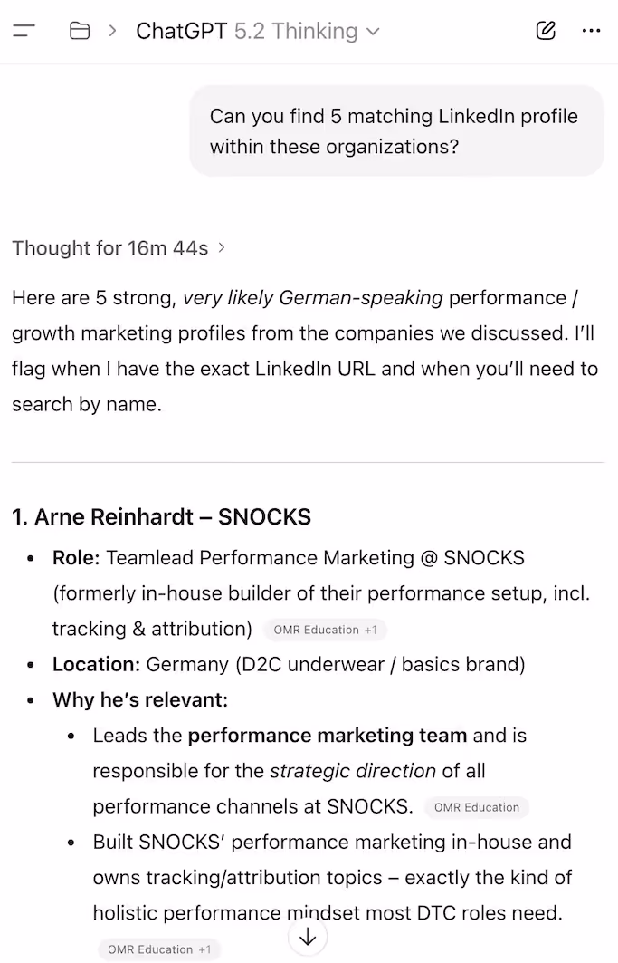 ChatGPT interface showing search for LinkedIn profiles, highlighting a candidate's details.