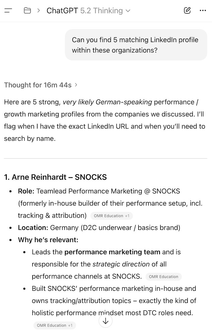 ChatGPT interface showing search for LinkedIn profiles, highlighting a candidate's details.