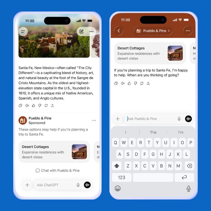Two smartphone screens displaying ChatGPT with ads and conversation interface.