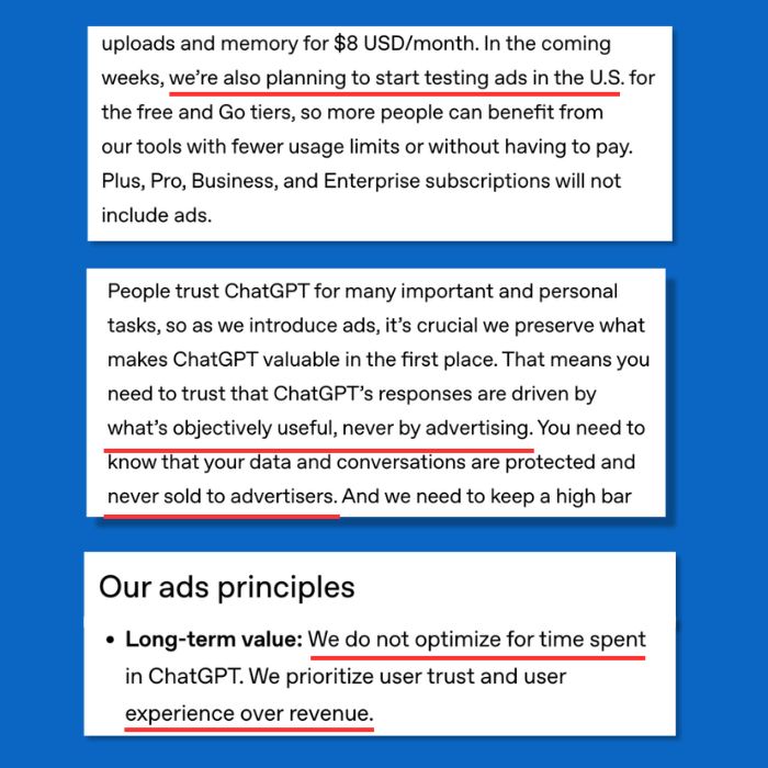 Text discussing ChatGPT's ad testing plans, emphasizing user trust and data protection.