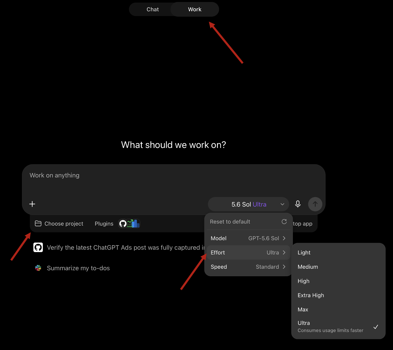 Dark UI showing Chat/Work toggle, 'What should we work on?' and 'Work on anything' field.