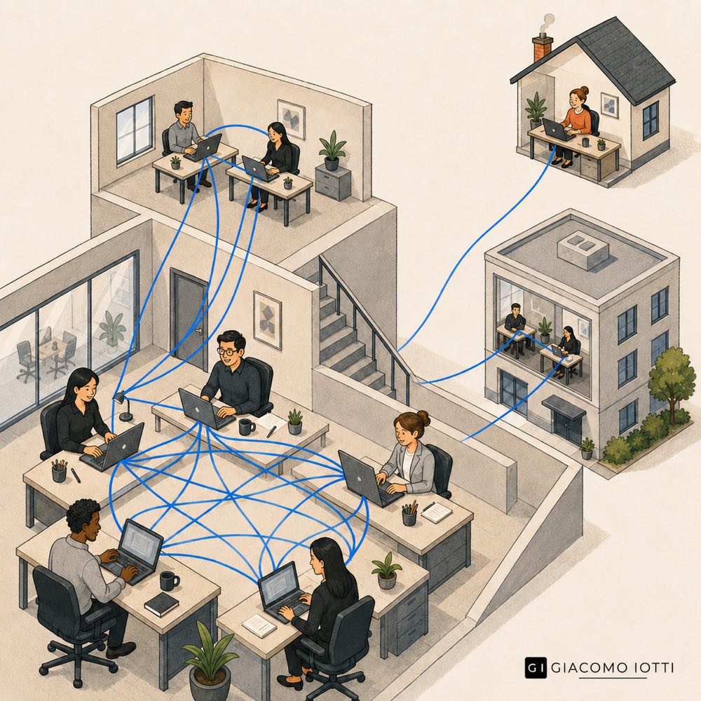 Open-plan office with multiple workers on laptops, blue lines linking to distant buildings.