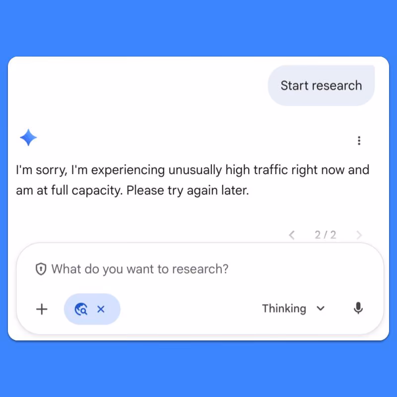 Error message stating high traffic and full capacity on Gemini app.