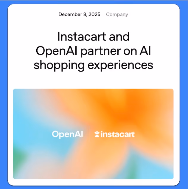 Instacart and OpenAI partnership announcement with blurred orange and blue background.