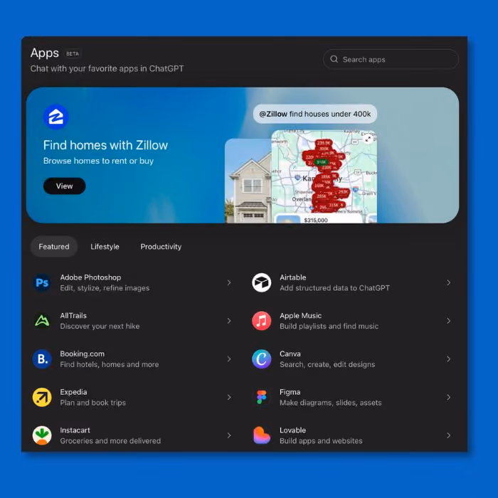 ChatGPT Apps interface showcasing Zillow and various app integration options.