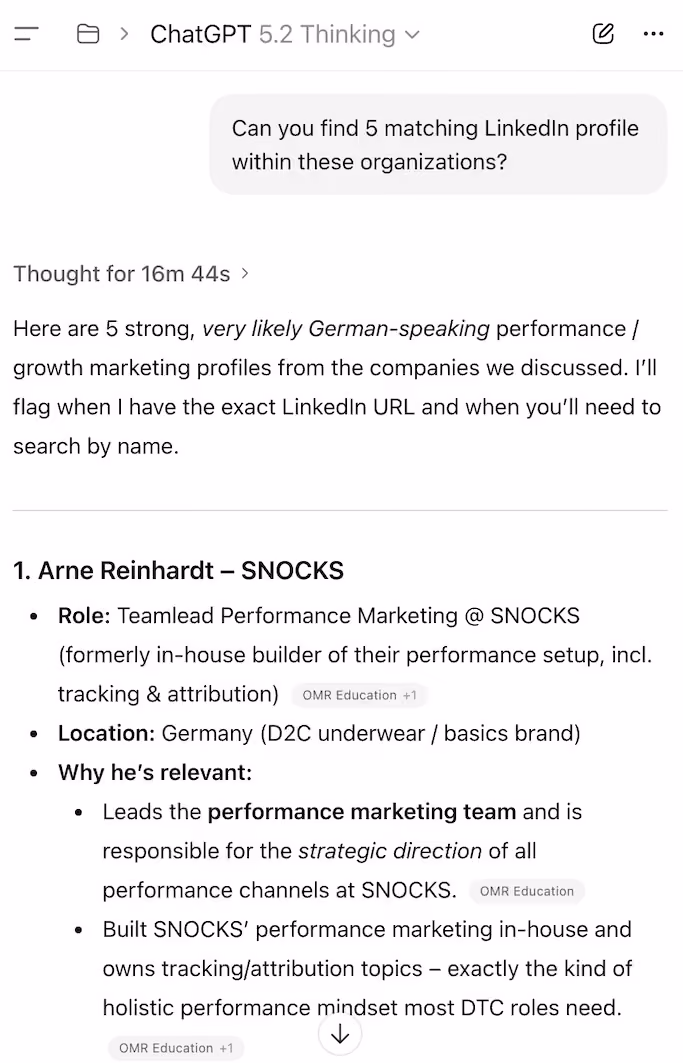 ChatGPT interface showing search for LinkedIn profiles, highlighting a candidate's details.
