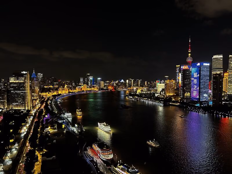 View of Shangai river and Pudong quarter at night