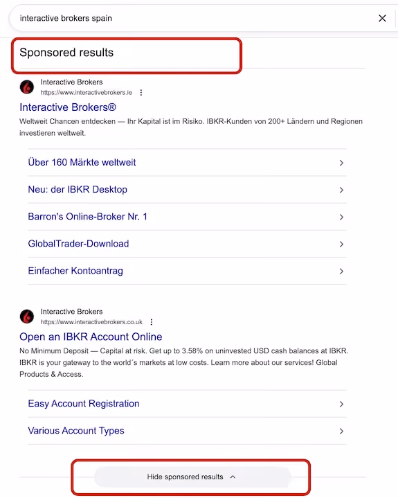 Google search result page with an option to hide sponsored results.
