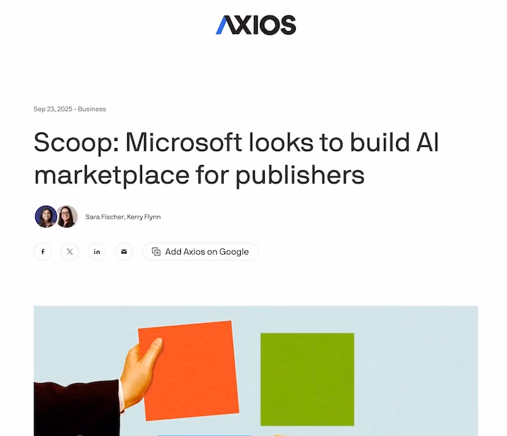 Axios article headline: "Microsoft looks to build AI marketplace for publishers".