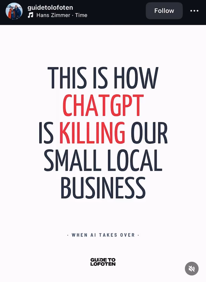Text: "This is how ChatGPT is killing our small local business. When AI takes over. Guide to Lofoten.