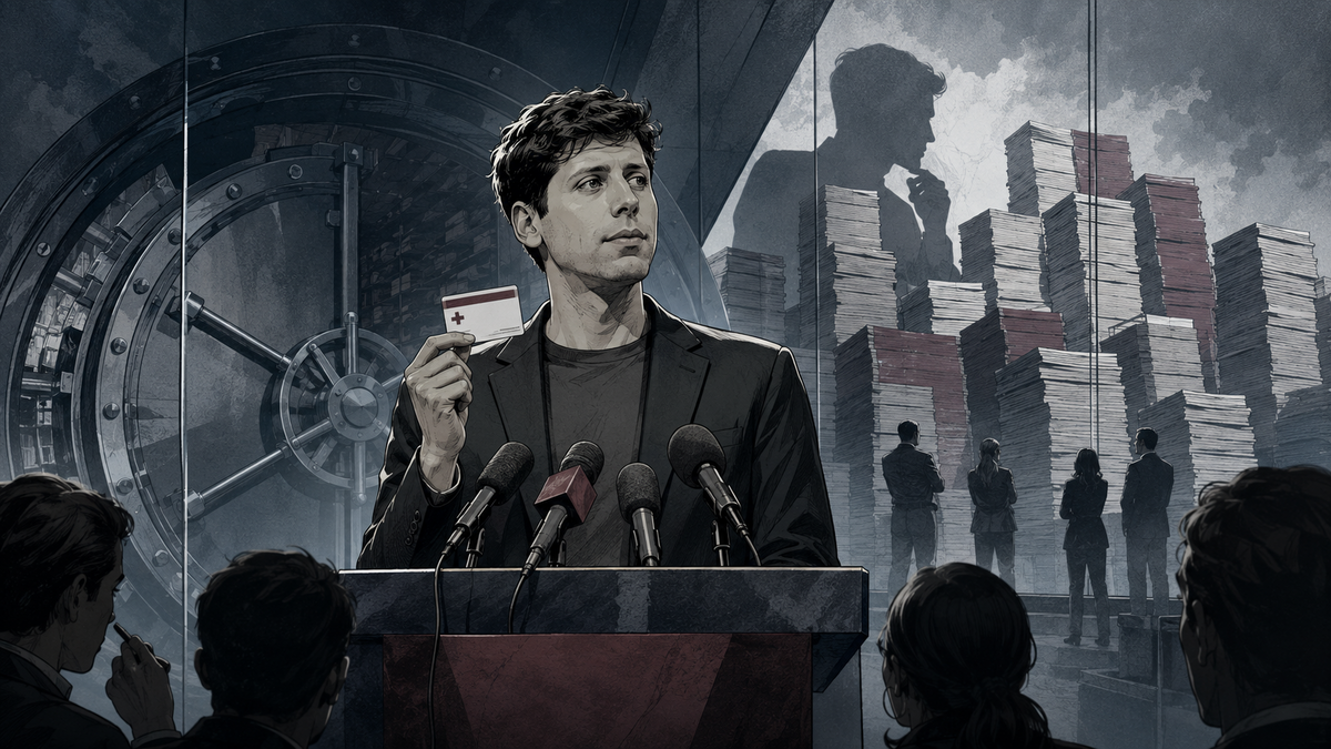 Editorial illustration of a tech executive presenting a health card before a vault and stacks of valuation papers