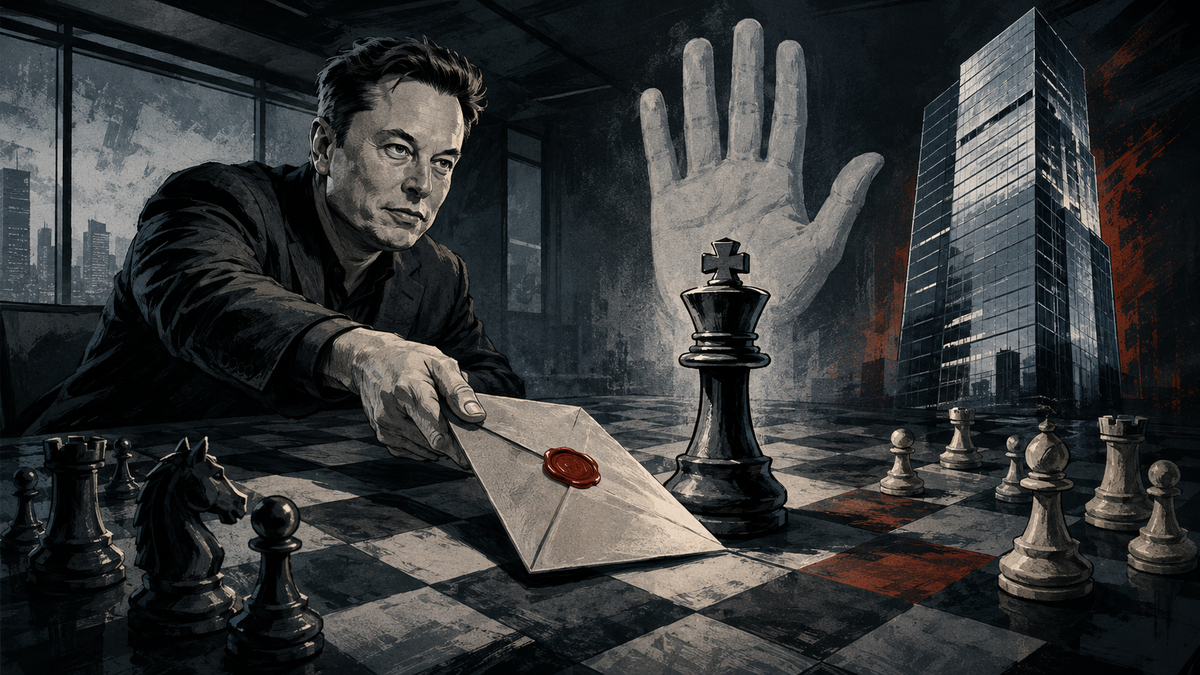 Noir editorial illustration of a tech strategist sliding a sealed offer across a chessboard