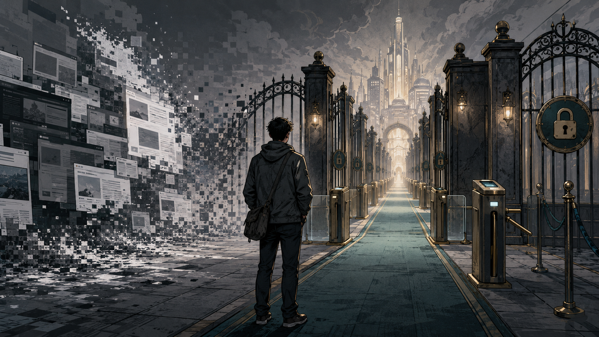 Editorial illustration of a web user facing a corridor of premium gates and subscription turnstiles