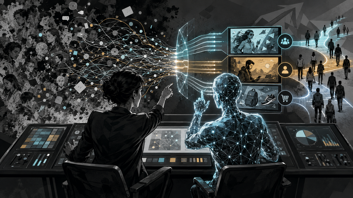 Noir editorial illustration of a marketer and AI copilot turning customer signals into campaigns