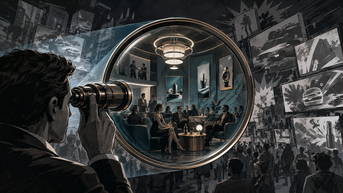 Noir editorial illustration of an advertiser focusing on a smaller premium audience through a precision lens