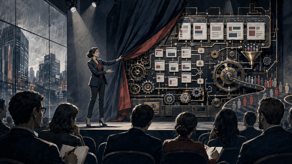 Noir editorial illustration of a conference speaker unveiling an enterprise search advertising campaign machine