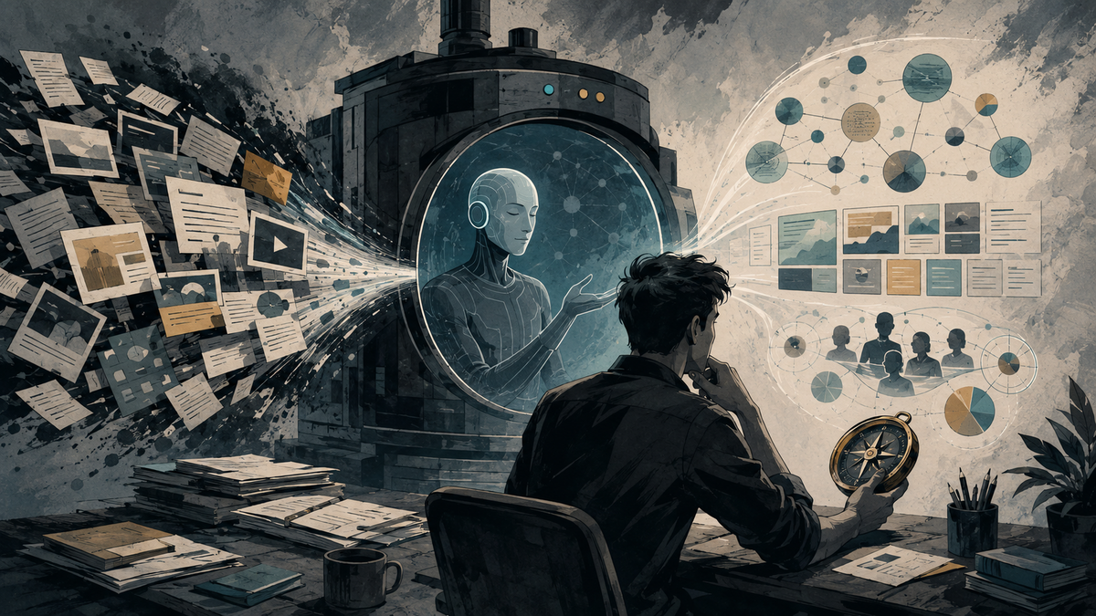 Noir editorial illustration of a creator using AI to turn a content archive into a clear strategy map