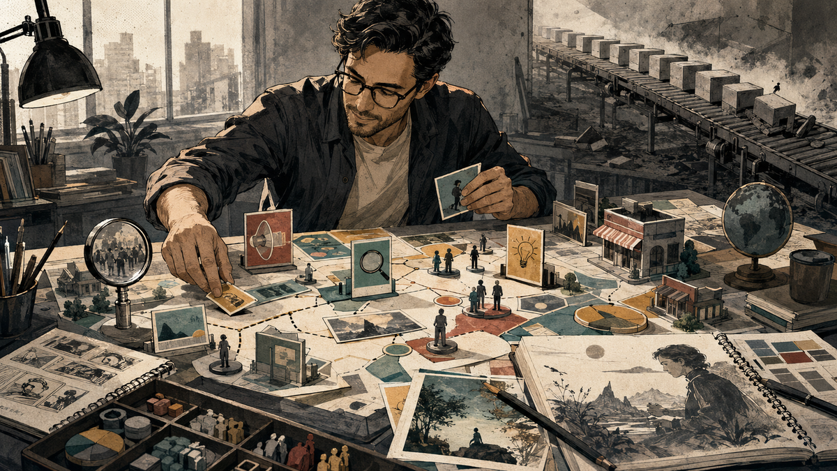 Marketer playfully arranging varied creative strategy tools