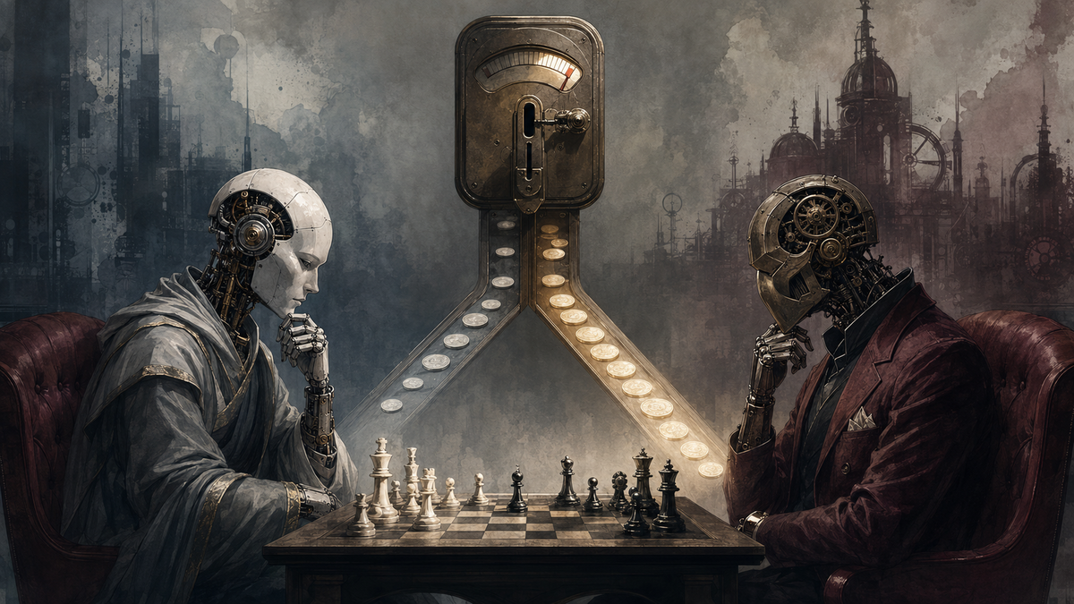 Two mechanical thinkers at chess with a coin-operated quota meter between them