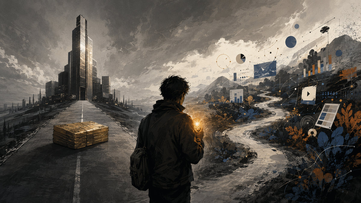 Digital marketer choosing a changing creative path lit by passion over a paycheck
