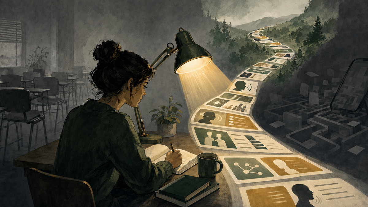 Learner studying with an adaptive lamp guiding a personalised lesson path