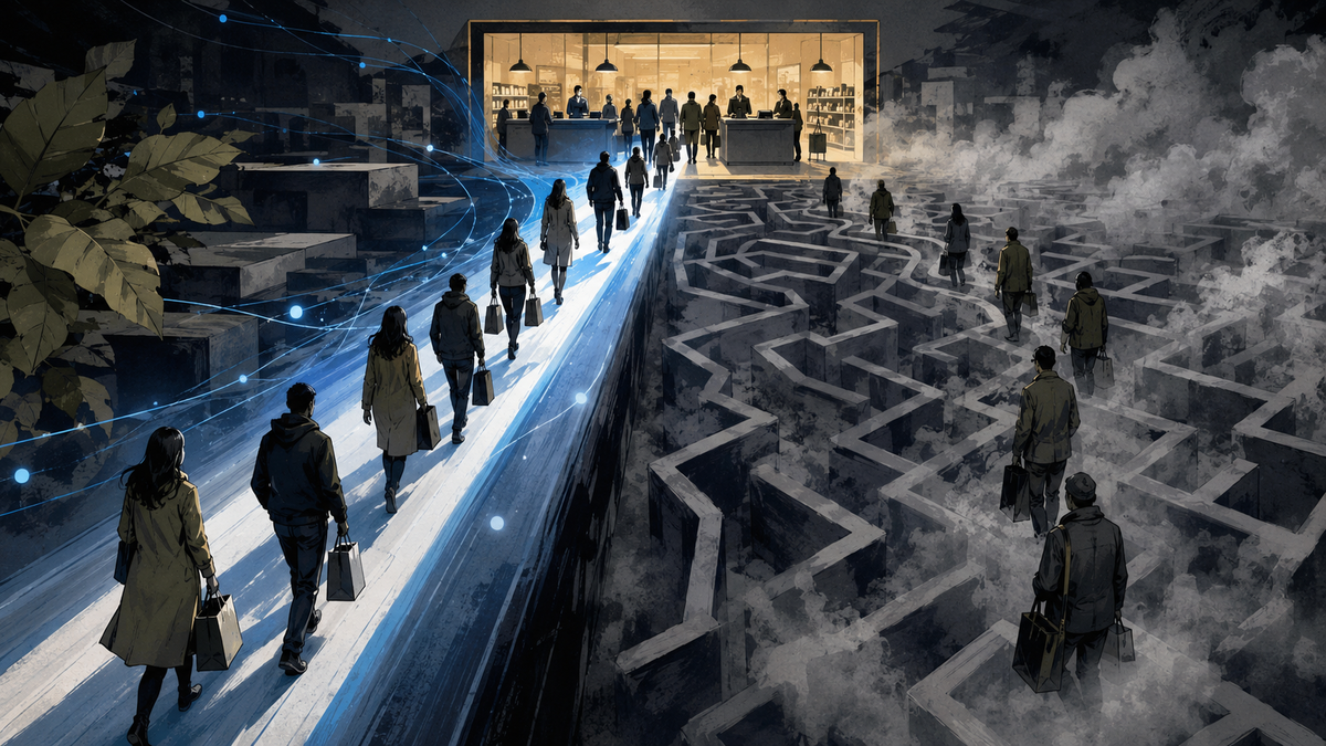 AI-guided shoppers taking a direct path to checkout while others navigate a maze