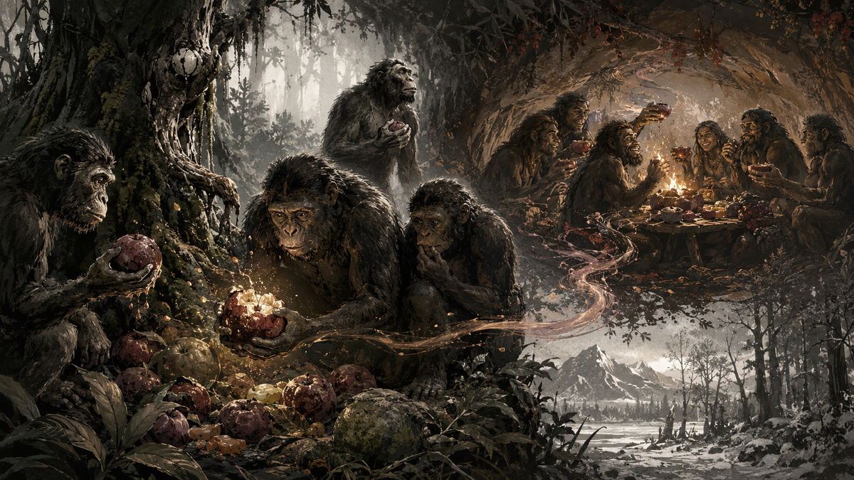 Ancient primates discovering fermented fruit leading to a communal winter feast