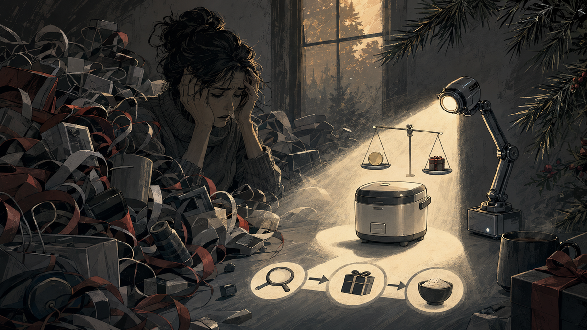 Stressed shopper guided by AI toward a sushi rice maker for Christmas