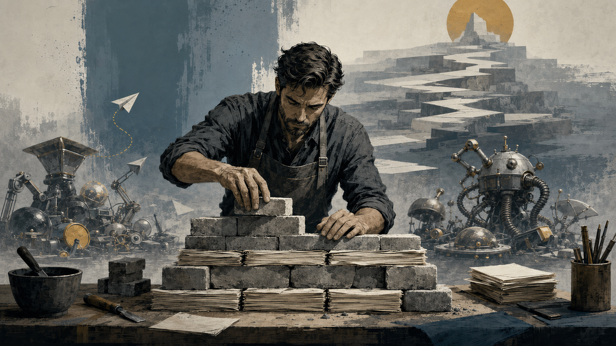 Marketer building a durable foundation by hand while shortcut machines sit abandoned