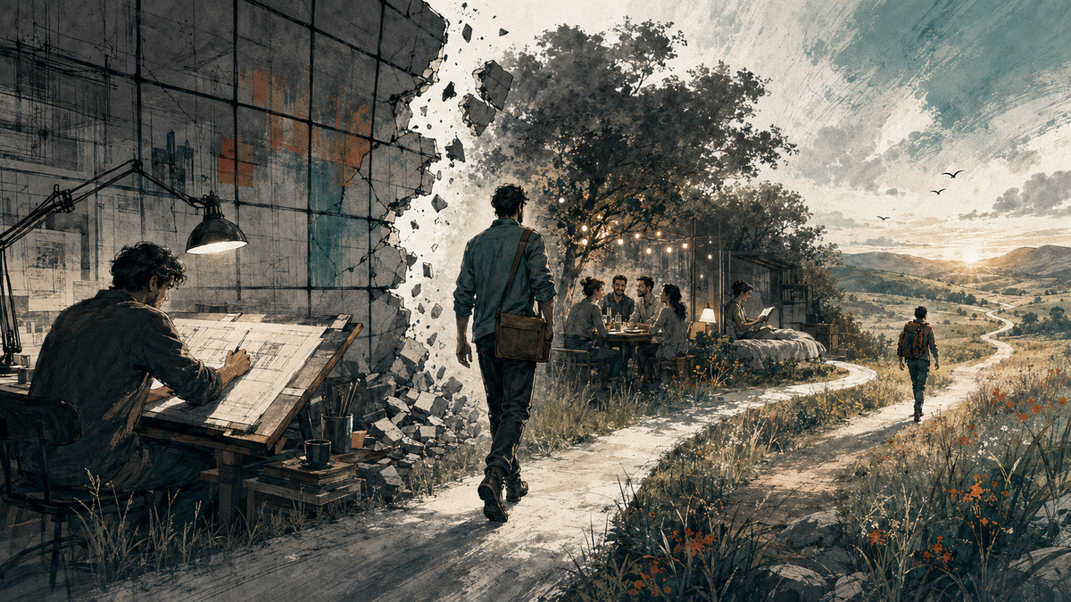 Person breaking through a calendar wall into a continuous path of work and life