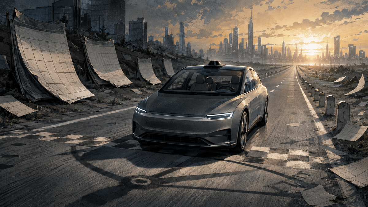 A driverless electric sedan crosses a clock-shaped finish line after passing discarded calendar pages.