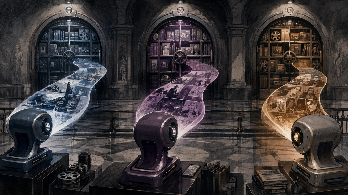 Three projection machines stream exclusive stories from separate locked content vaults.