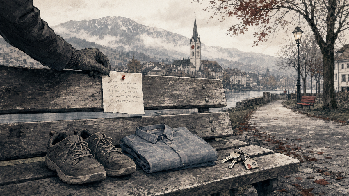 Lost shoes, a folded shirt and house keys sit beneath a handwritten note on a Swiss park bench.