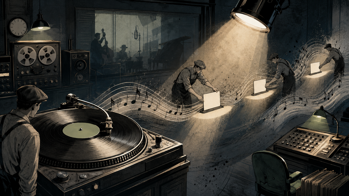 A vinyl record sends music waves through blank advertising spots in a recording studio.