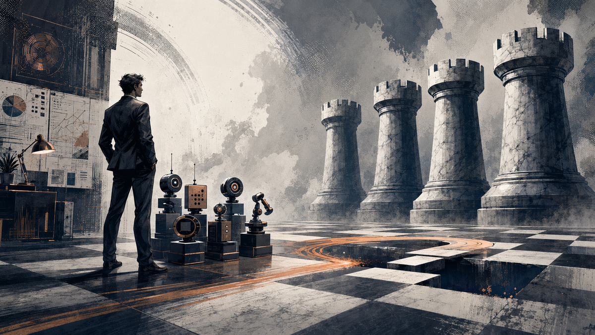 A solo consultant and compact AI agents face four giant consultancy towers on a chessboard.