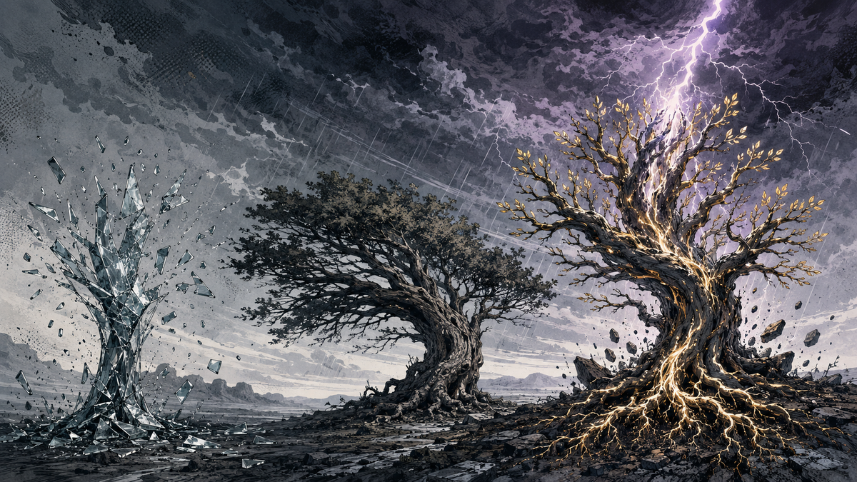 A glass tree shatters, a sturdy tree survives and an antifragile tree grows stronger in a storm.