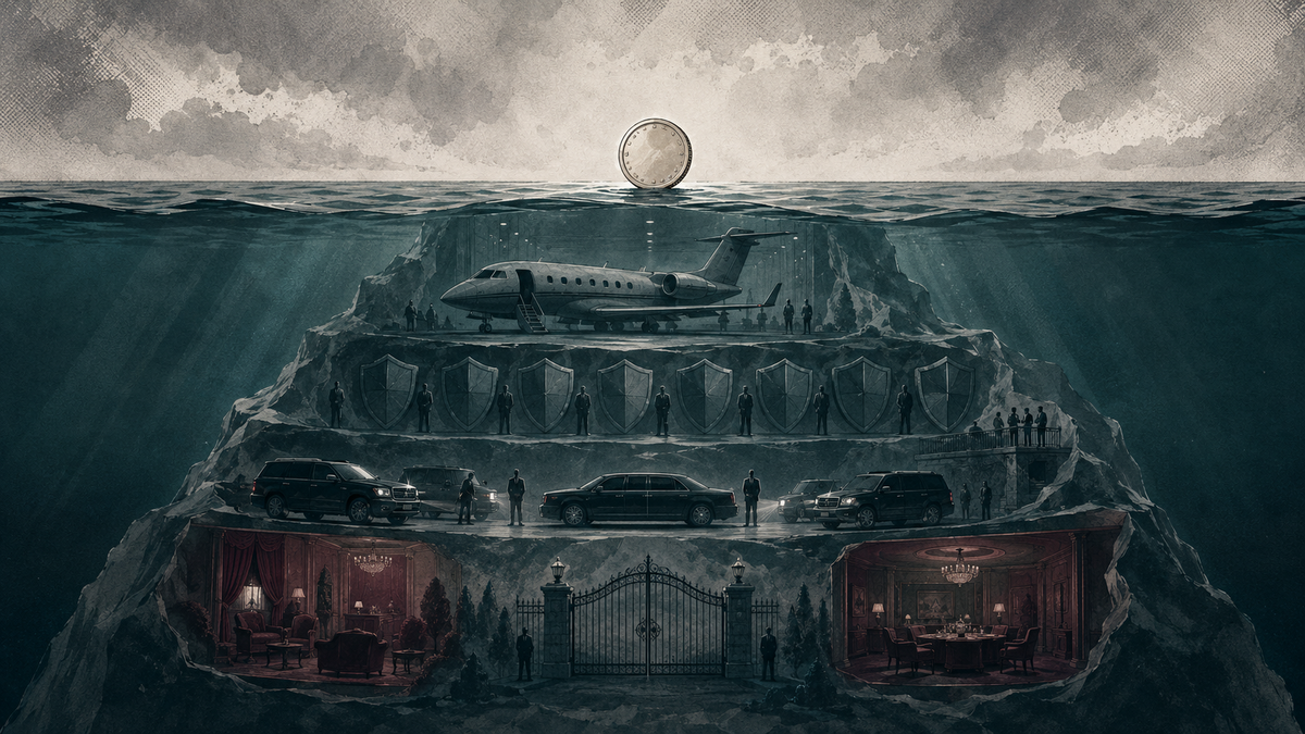 A tiny coin floats above an iceberg hiding a private jet, security shields, motorcade and luxury rooms.