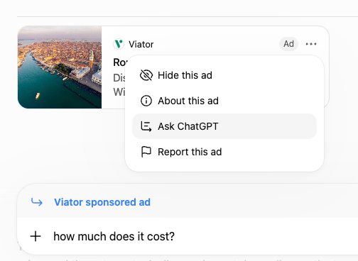 Viator sponsored ad screenshot with pop-up menu including Ask ChatGPT and cost query.
