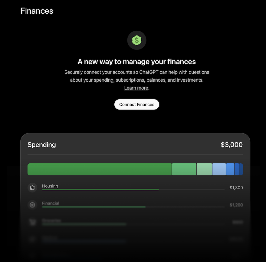 Dark finances screen featuring a green dollar icon, $3,000 spending card, and Connect Finances button.