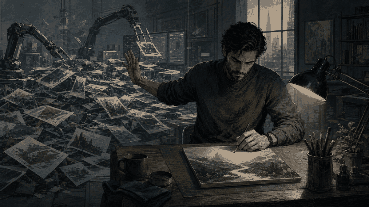 Knowledge worker choosing one valuable result amid automated output clutter