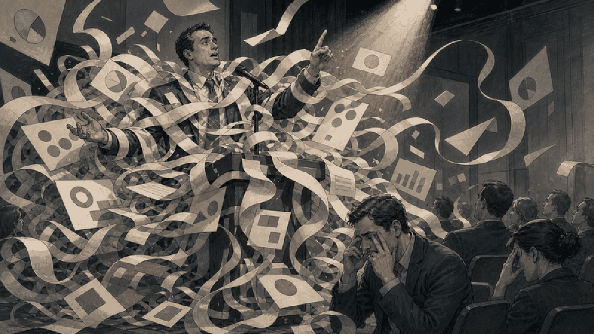 Corporate speaker tangled in empty presentation ribbons while the audience reacts