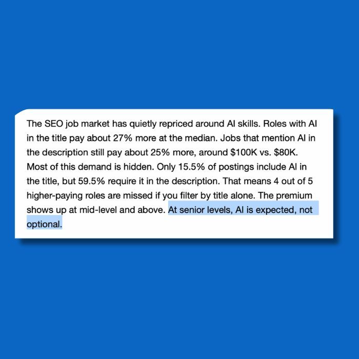 Highlighted analysis says jobs with AI in the title pay 27% more and senior-level AI skills are expected, not optional.